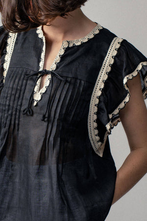 Vintage Lace Flutter Sleeve Woven Top-Blue Hand Home