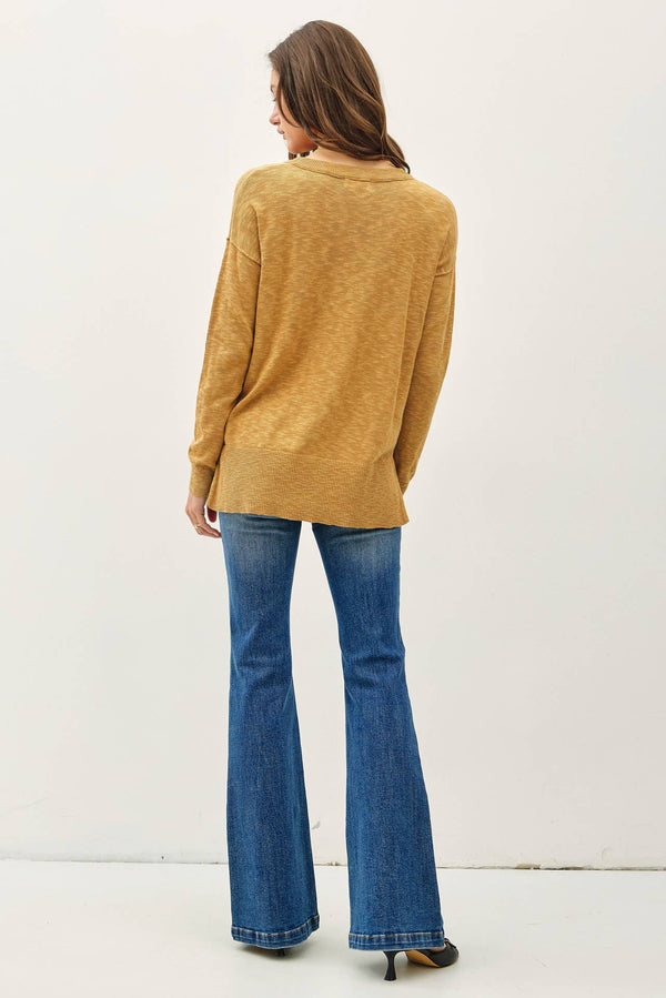 SLUB YARN ROUND NECK SWEATER WITH CHEST POCKETS-Blue Hand Home