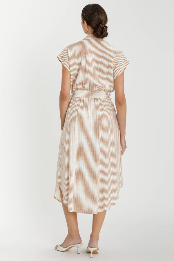 STRIPED UTILITY STYLE SHIRT DRESS W WAIST TIE-Blue Hand Home