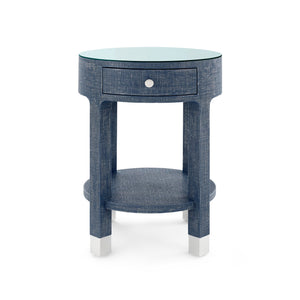 Dakota 1-Drawer Round Side Table with Glass Top, Washed Blue Steel