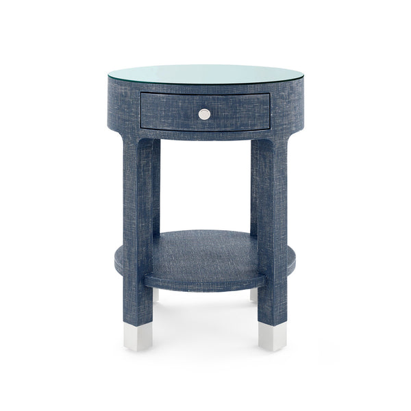 Dakota 1-Drawer Round Side Table with Glass Top, Washed Blue Steel