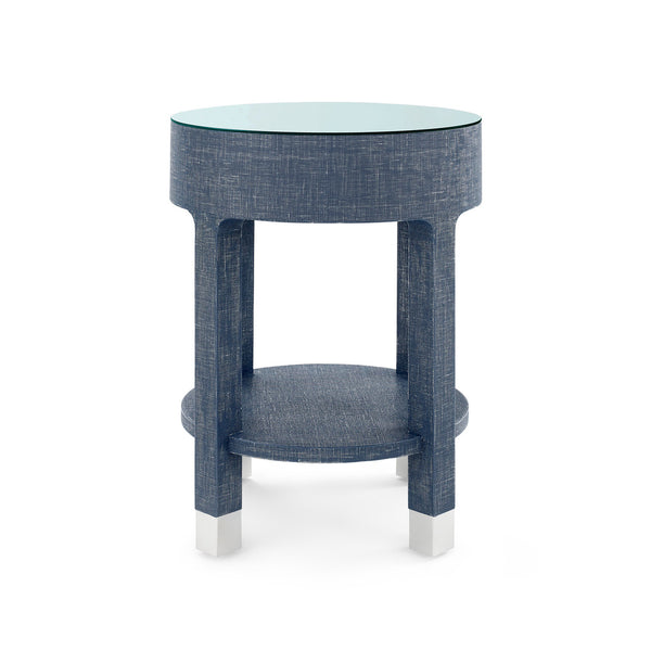 Dakota 1-Drawer Round Side Table with Glass Top, Washed Blue Steel