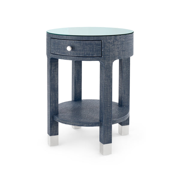 Dakota 1-Drawer Round Side Table with Glass Top, Washed Blue Steel