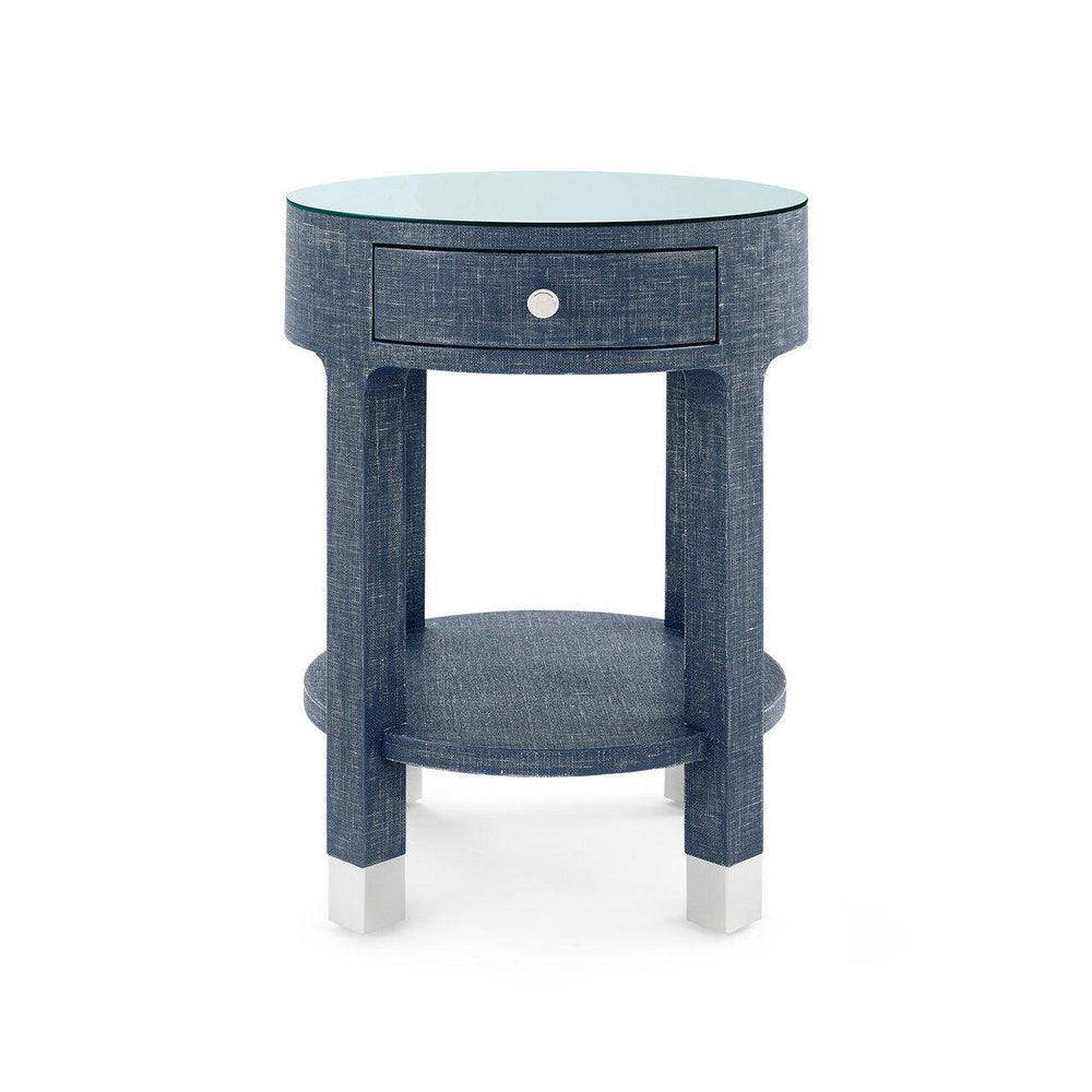 Dakota 1-Drawer Round Side Table with Glass Top, Washed Blue Steel