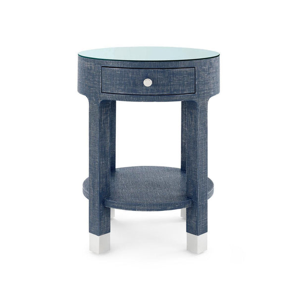 Dakota 1-Drawer Round Side Table with Glass Top, Washed Blue Steel