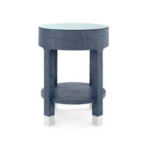Dakota 1-Drawer Round Side Table with Glass Top, Washed Blue Steel