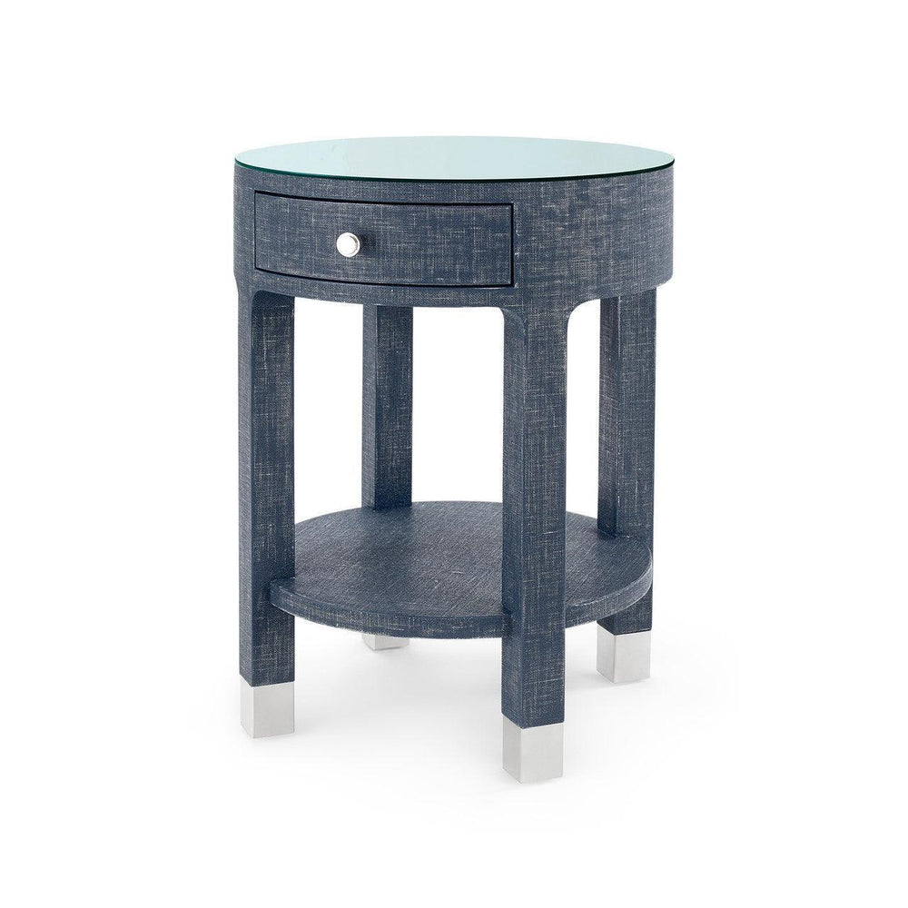 Dakota 1-Drawer Round Side Table with Glass Top, Washed Blue Steel