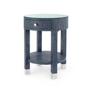Dakota 1-Drawer Round Side Table with Glass Top, Washed Blue Steel