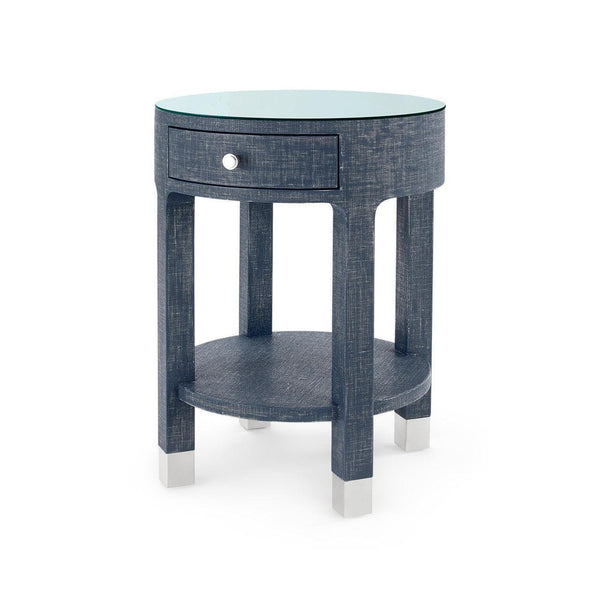 Dakota 1-Drawer Round Side Table with Glass Top, Washed Blue Steel