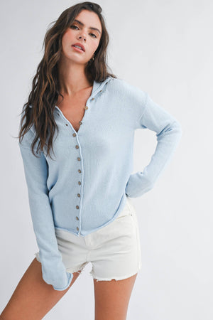 5221HK Button Front Cropped Knit Cardigan-Blue Hand Home