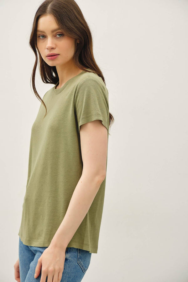 LINEN CLASSIC ROUND NECK SPLIT HEM T-SHIRT-Blue Hand Home