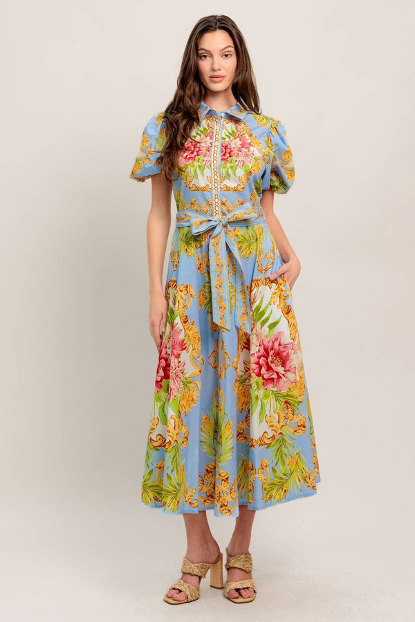 A Printed Woven Midi Dress - Id23438-Blue Hand Home