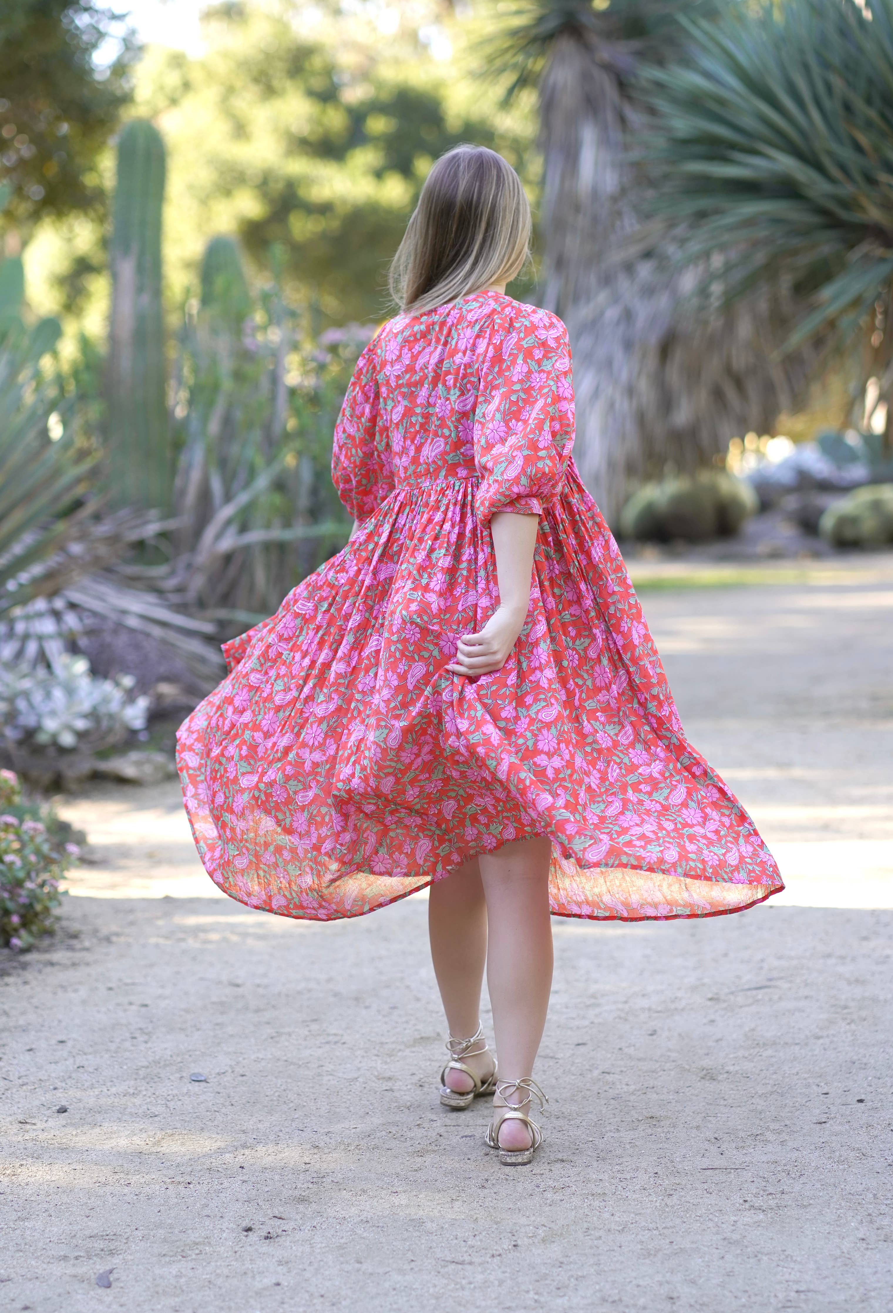Mylah Midi Dress Block Printed Coral Multi | Dolma