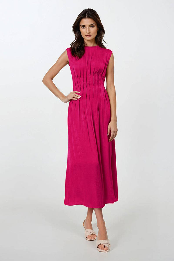 Silky Pleated Waistline Midi Dress-Blue Hand Home