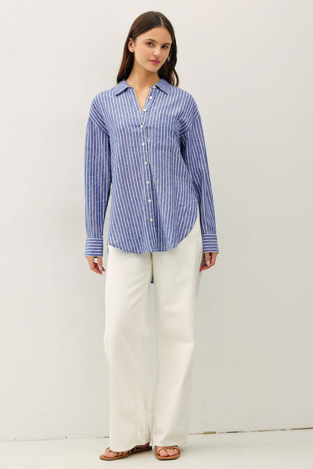 COTTON LINEN BLEND LONG SLEEVE BUTTON UP SHIRT-Blue Hand Home