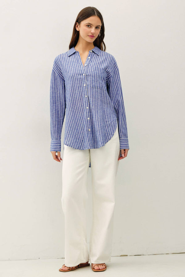 COTTON LINEN BLEND LONG SLEEVE BUTTON UP SHIRT-Blue Hand Home