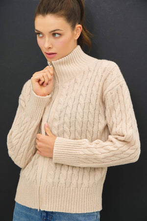 CABLE KNIT ZIP UP SWEATER JACKET W/ HIGH COLLAR-Blue Hand Home