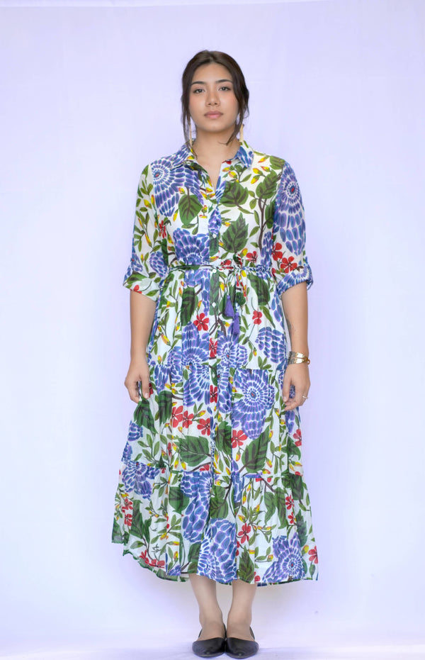 Cotton Tiered Shirt Dress-Blue Hand Home