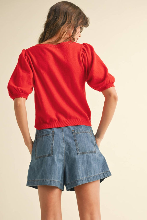 J5056 PUFF SHORT SLEEVE BUTTON DOWN KNIT CARDIGAN-Blue Hand Home