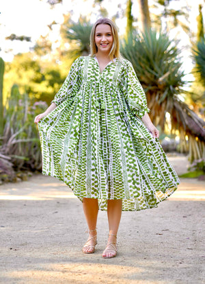 Mylah Midi Dress Block Printed Green-Blue Hand Home