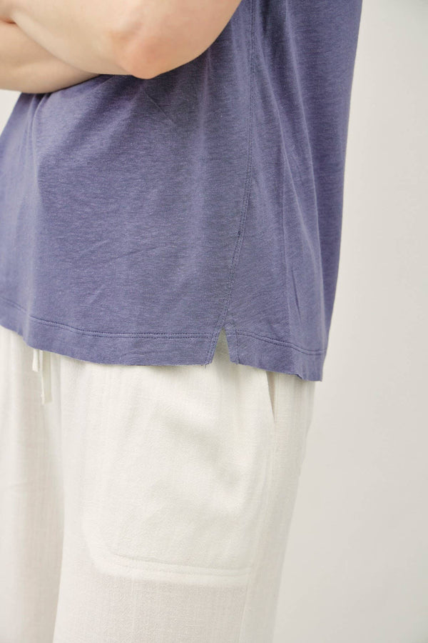 LINEN CLASSIC ROUND NECK SPLIT HEM T-SHIRT-Blue Hand Home