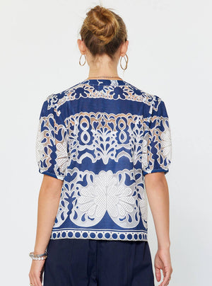 Embroidered Short Puff Sleeve Blouse-Blue Hand Home