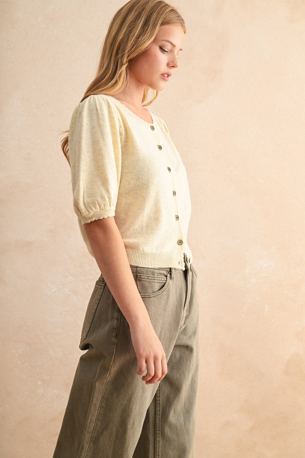 J5056 PUFF SHORT SLEEVE BUTTON DOWN KNIT CARDIGAN-Blue Hand Home