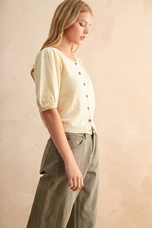 J5056 PUFF SHORT SLEEVE BUTTON DOWN KNIT CARDIGAN-Blue Hand Home