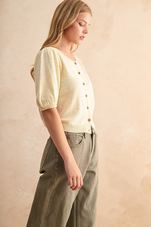 J5056 PUFF SHORT SLEEVE BUTTON DOWN KNIT CARDIGAN-Blue Hand Home