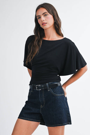 8654hk Draped Short Sleeve Back Tie Top Tee