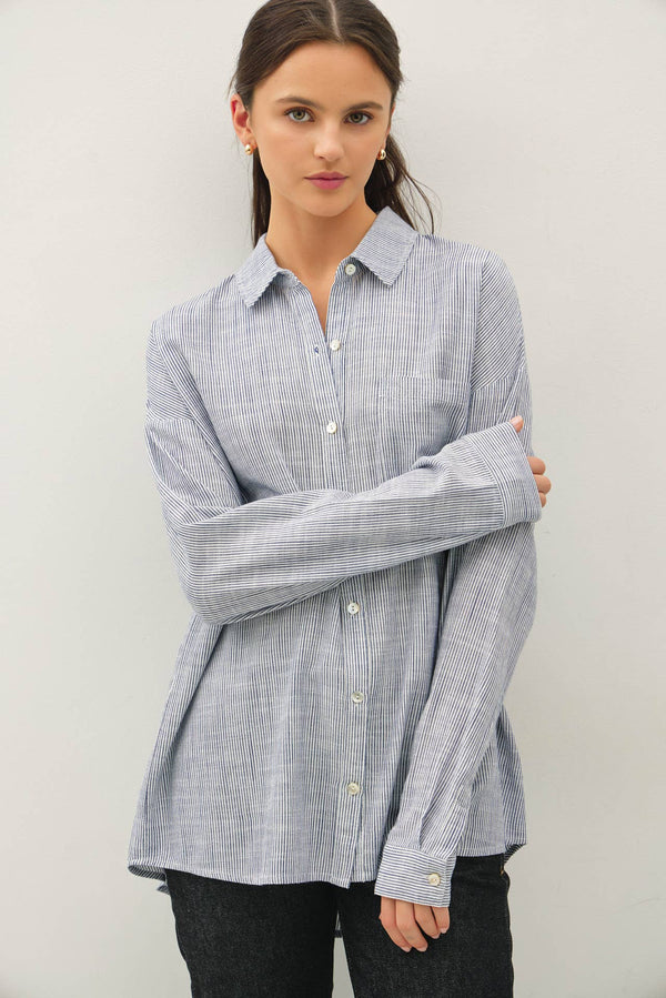 HAIRLINE STRIPE BUTTON DOWN SHIRT-Blue Hand Home