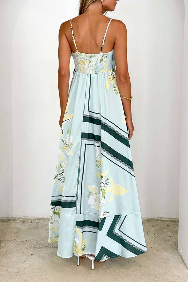 2025 Tropical botanical Floral thin strap flare swing dress-Blue Hand Home