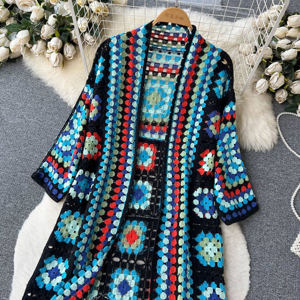 BOHO Color Blocks Crochet Cardigan long maxi cover-up-Blue Hand Home