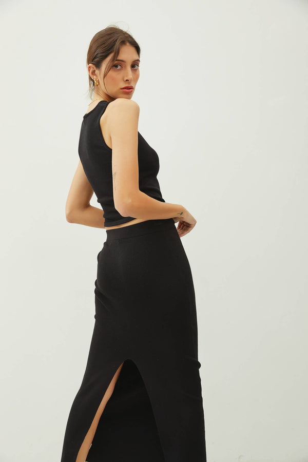 KNITTED HIGH RISE MIDI SKIRT-Blue Hand Home