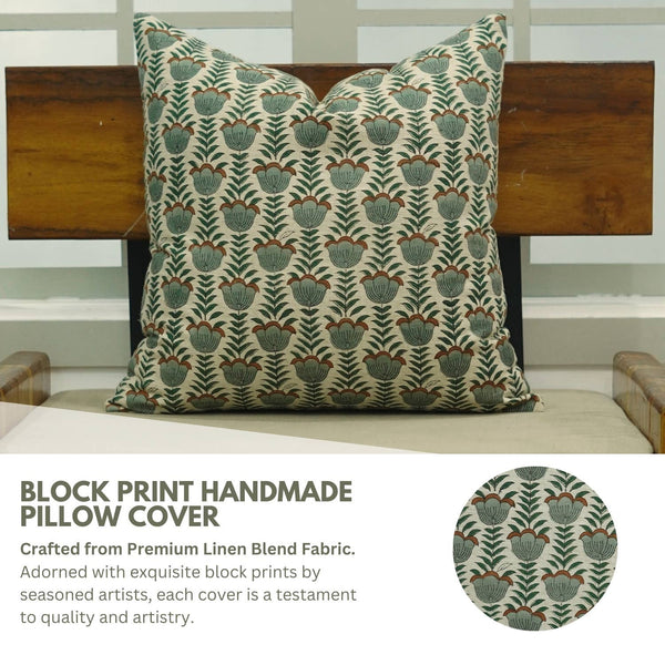 Unique Block Print Linen Blend Pillow Cover - Lotus-Blue Hand Home
