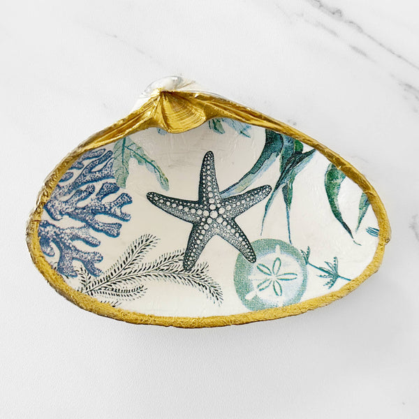 Starfish Coral Reef Decoupage Clam Shell Trinket Dish-Blue Hand Home