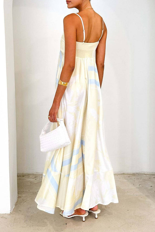 2025 Tropical botanical Floral thin strap flare swing dress-Blue Hand Home