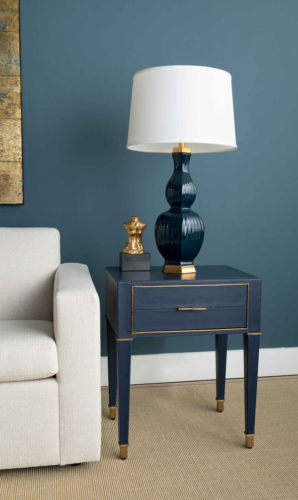 Delft Lamp with Shade 16-inch White Linen, with Gold, Navy Blue