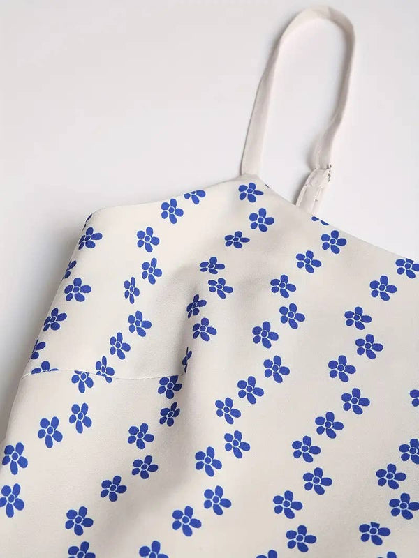 Vacation ocean fish print strap dress back elastic-Blue Hand Home