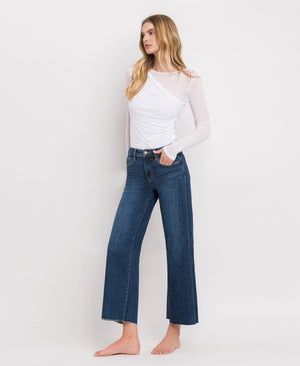 TUMMY CONTROL MID RISE DARK WASH WIDE LEG JEANS LV1311-Blue Hand Home