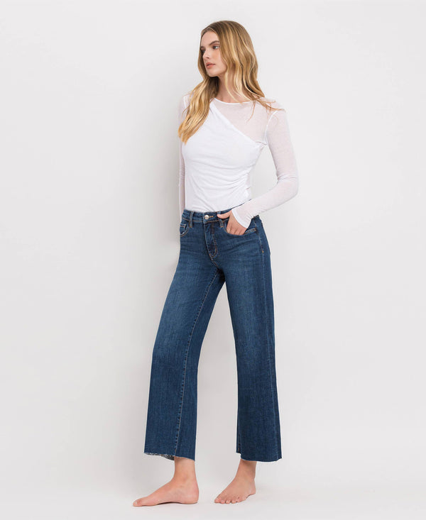 TUMMY CONTROL MID RISE DARK WASH WIDE LEG JEANS LV1311-Blue Hand Home