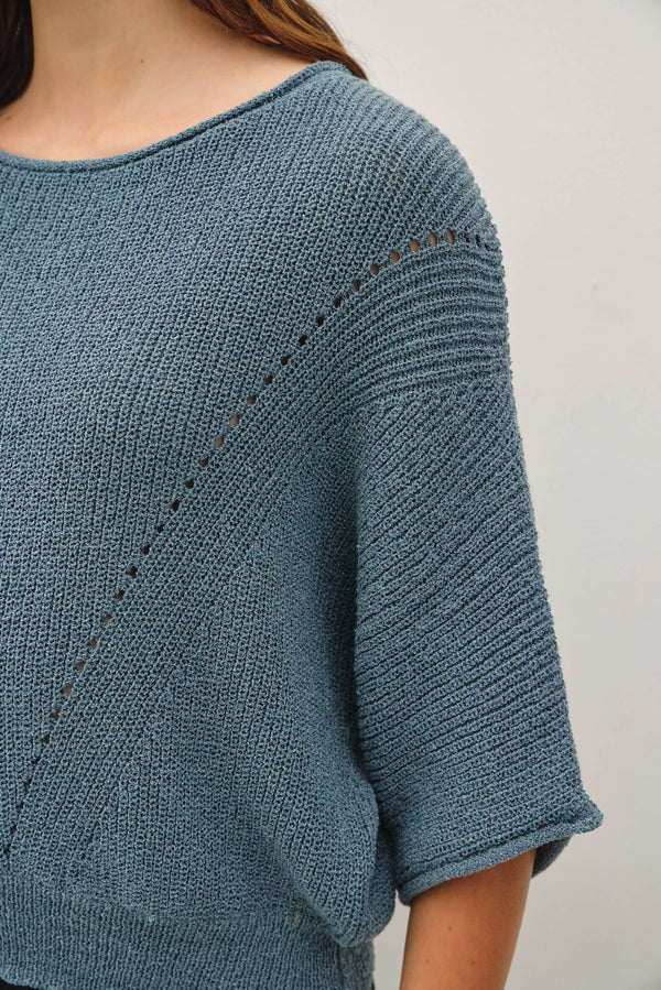 POINTELLE DOLMAN SLEEVE CROPPED SWEATER-Blue Hand Home