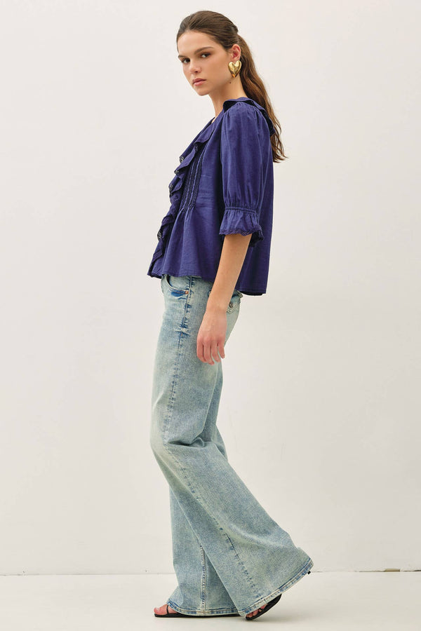 Vintage Ruffled Pintuck Blouse Top-Blue Hand Home