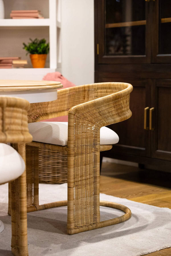 Hampton Dining Chair In Rattan Natural W/ Arctic White Performance Fabric Cushion-Blue Hand Home