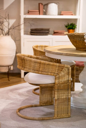 Hampton Dining Chair In Rattan Natural W/ Arctic White Performance Fabric Cushion-Blue Hand Home