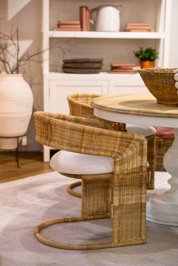 Hampton Dining Chair In Rattan Natural W/ Arctic White Performance Fabric Cushion-Blue Hand Home