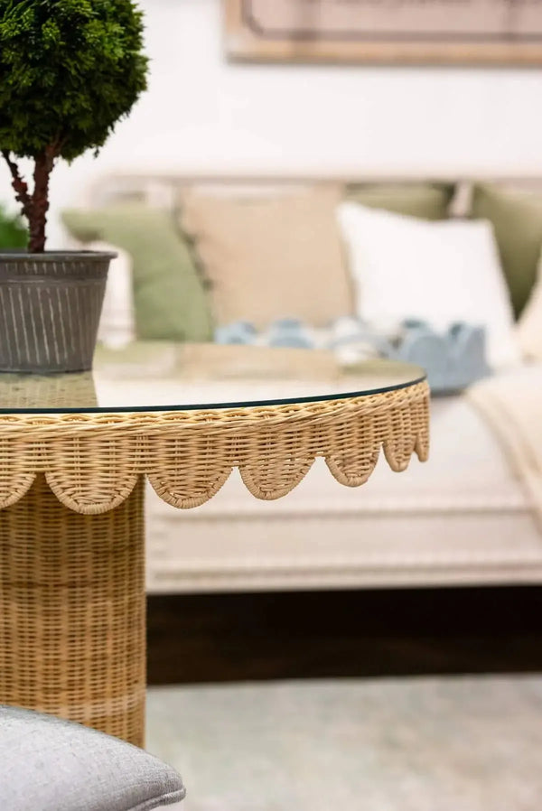 Scalloped Round Bistro Table W/ Tempered Glass In Rattan Natural-Blue Hand Home