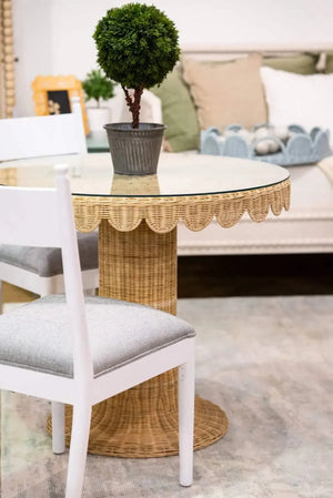 Scalloped Round Bistro Table W/ Tempered Glass In Rattan Natural-Blue Hand Home