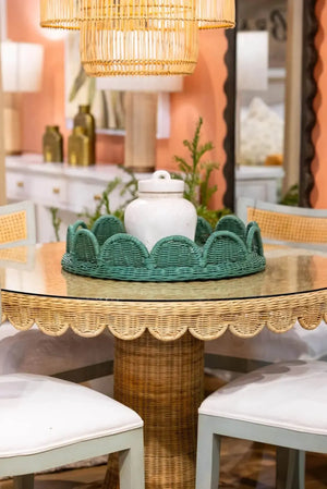Scalloped Round Bistro Table W/ Tempered Glass In Rattan Natural-Blue Hand Home