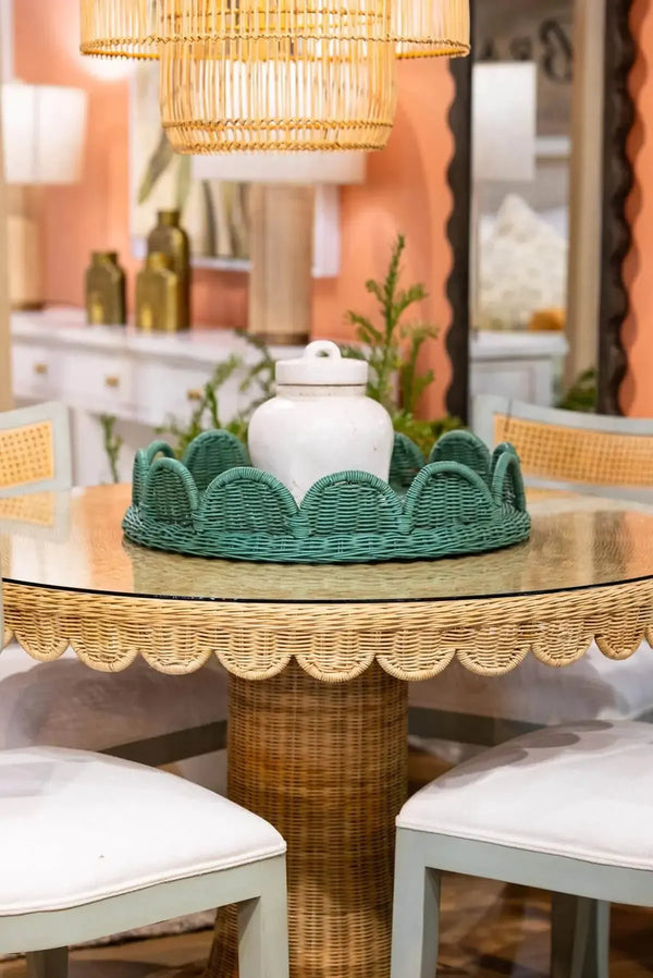 Scalloped Round Bistro Table W/ Tempered Glass In Rattan Natural-Blue Hand Home
